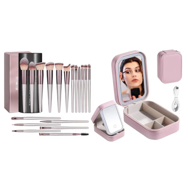 Makeup Brushes With Case Set Portable LED Mirror Makeup Jewelry Storage Case Travel Makeup Tool Kits - Image 9